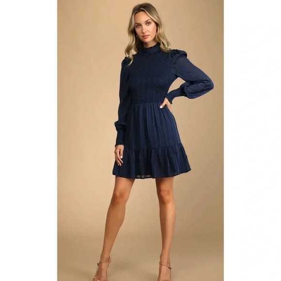 Lulus Navy Heartful Romance Navy Striped Smocked Long Sleeve Mini Dress XL - Picture 13 of 14